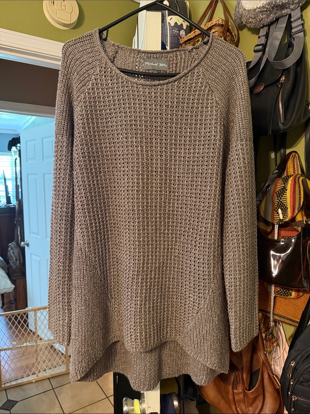 Michael Stars Taupe Waffle-Knit Crewneck Sweater golden thread